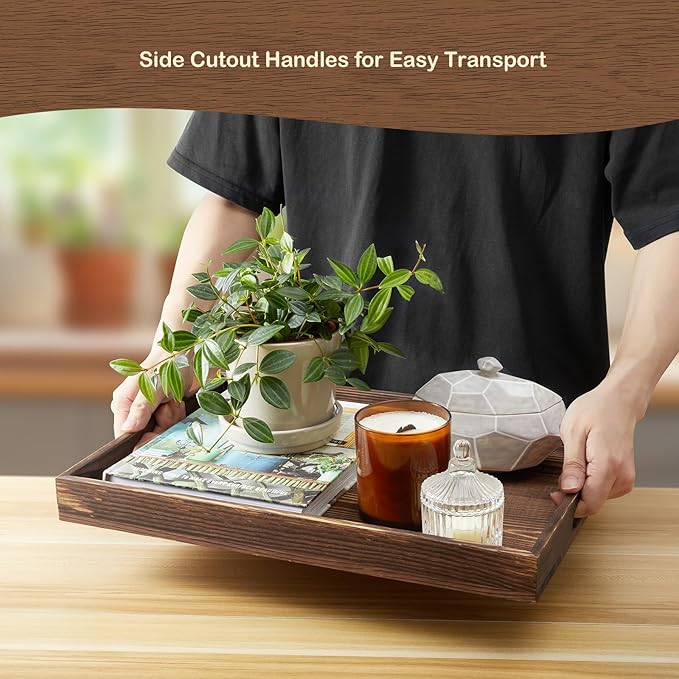 17 Inch Burnt Wood Serving Tray with Handles - Large Wooden Tray for Ottoman, Breakfast in Bed, Dinner, Coffee Table - Decorative Brown Rectangular Tray for Living Room Entryway and Kitchen Decor