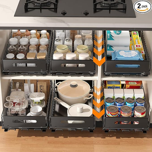 PureBox Pull Out Cabinet Organizer, Slide Out drawers for cabinets, Heavy Duty Carbon Steel Roll Out Shelves for kitchen, bathroom, pantry (14.7’’-23.1’’ Slide, Adhesive & Screw), 2 Pack, Black