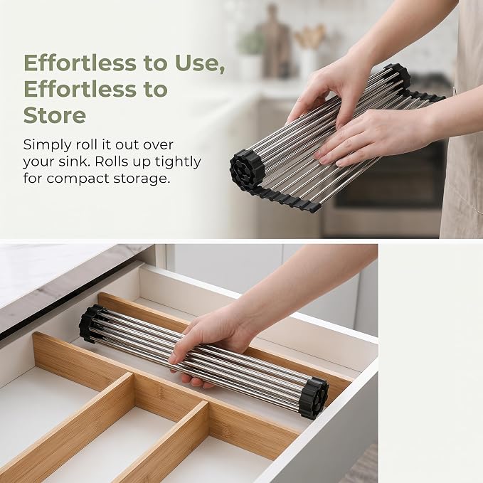 Roll Up Dish Drying Rack for Over Sink - 17.5"x15.7" Foldable Stainless Steel Kitchen Drainer, Black
