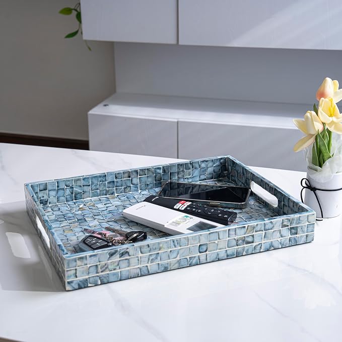 PEMAR Rectangular Mother of Pearl Serving Tray Nacre Wood Lap Ottoman Tray for Coffee Table, Luxury Decorative Handmade Eating Platters w Insert Handles (Blue)