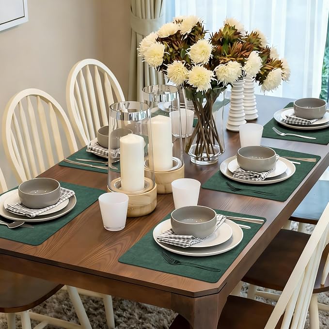 Maxpearl Faux Leather Placemats Set of 6 - Waterproof - Wipe Clean - Heat Resistant - Anti Slip Dining Table Place Mats, Suitable for Indoor & Outdoor Use, 17’’×12’’, Dark Green