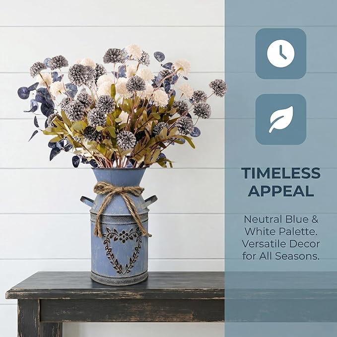 16.5''H Fake Flowers in Vase for Centerpiece Table Decorations with 10Pcs Fake Mums Flowers Eucalyptus Stems Faux Pompon Kiku Flowers Arrangement for Home Farmhouse Decor (Blue and White)