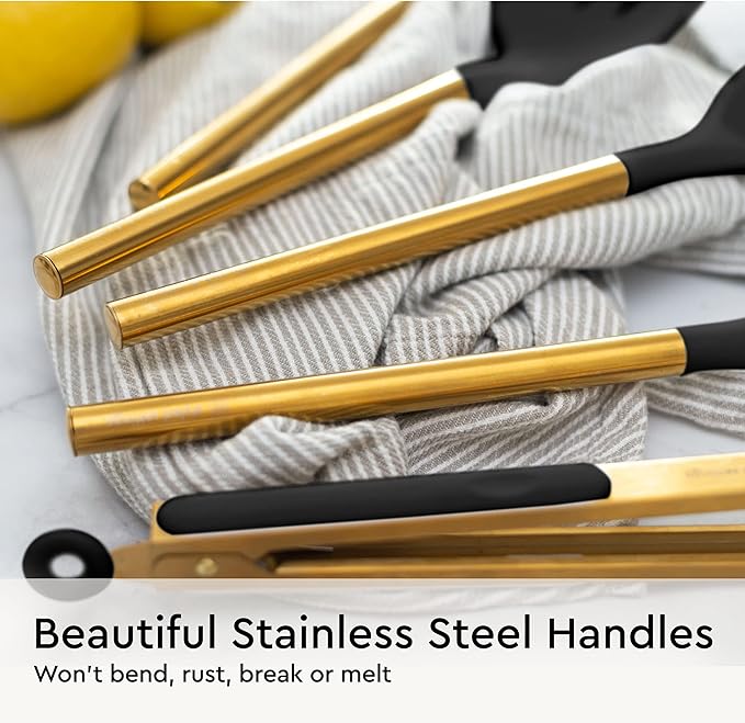 Black and Gold Kitchen Utensils Set - 6-PC Silicone Utensils Set Include Tongs, Whisk, Serving Spoon, Spatula, and Turner for Stylish Cooking and Baking - Black and Gold Kitchen Accessories and Decor