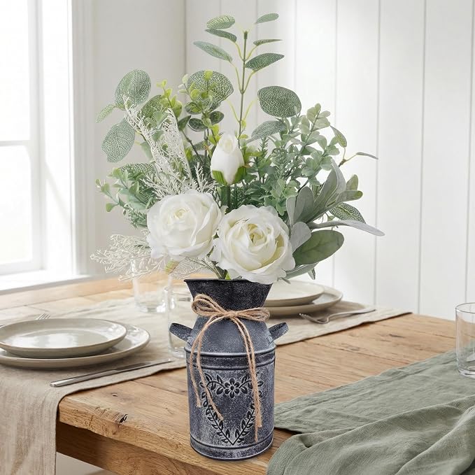 Faux Flowers in Vase 17.5" H Artificial Silk Roses Flower Fake Plants Eucalyptus Arrangement in Metal Vase Faux Silk Floral for Dining Table Centerpieces Home Office Decoration (White/Black Vase)