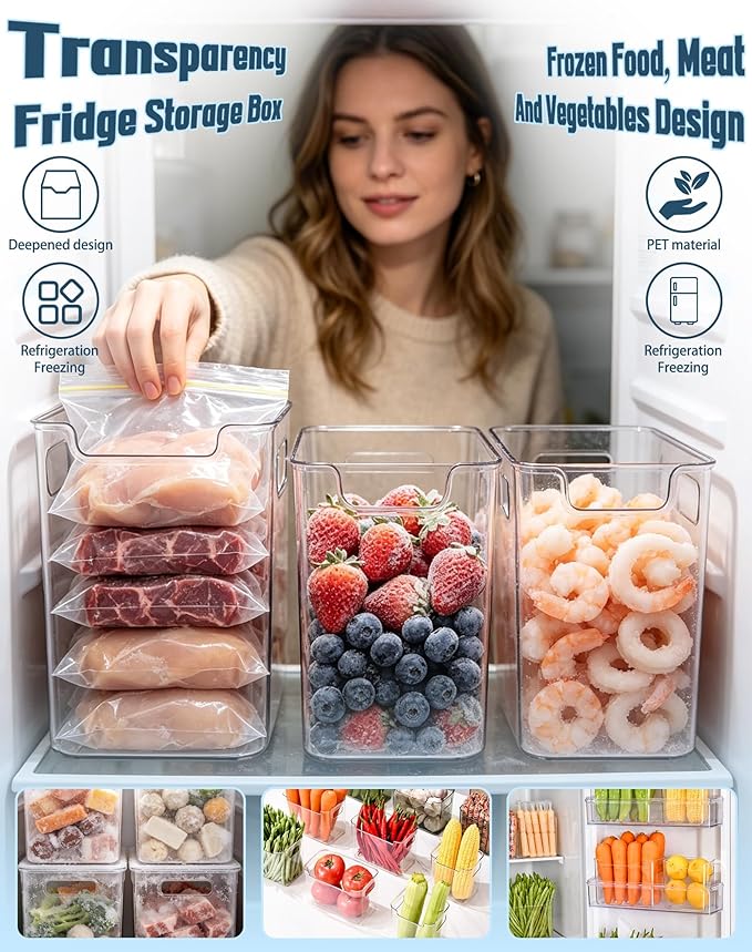 Crystal Clear Freezer Storage Bins - 2026 New Clear Plastic Bins for Refrigerator and Pantry, Stackable Kitchen Cabinet Organizer with Handles for Frozen Food, Meat & Veggies (Green * 2S+2L)