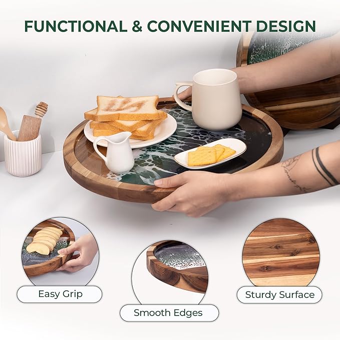 Acacia Wood Serving Tray with Ocean Resin Art, 15.8" x 15.8" Handcrafted Charcuterie Cheese Board for Kitchen Meal Prep, Includes Stand & Loofah, Housewarming Christmas Gift & Decor (Round)