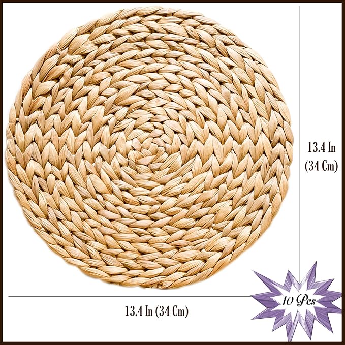 Woven Placemats Set of 10, Table Mats Set of 10, Water Hyacinth Round Placemats for Round Table, Chargers for Dinner Plates, Wicker Chargers for Dinner Plates, Woven Placemat, Place Mats 13.4 in