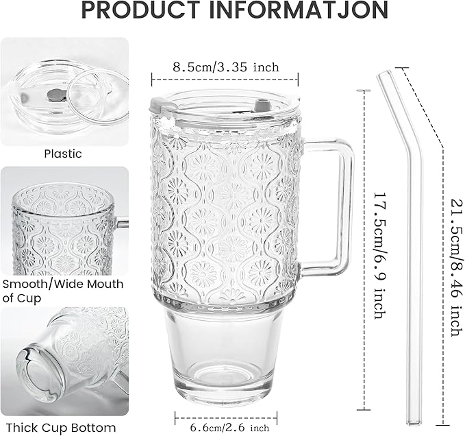 24 oz Glass Cups with Handle Iced Coffee Glass Tumbler with Thick Plastic Lid Leak Proof Vintage Drinking Glasses for Gift Juice Smoothie Boba Tea(Ribbed & Begonia)
