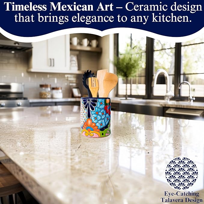 Talavera Utensil Holder - Hand Painted Ceramic Spoon Crock - Colorful Utensil Crock - Large Mexican Spoon Rest 6" H (Cobalt Blue)