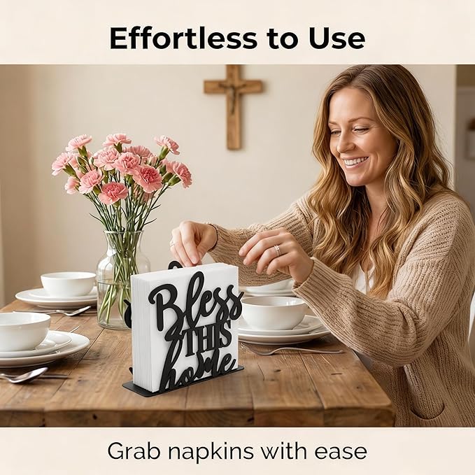 2Pack Bless This Home Napkin Holder for Table, Modern Metal Black Napkin Holders for Kitchen Dining Tables & Countertops, Paper Cocktail Napkins Holder Dispenser for Indoor & Outdoor