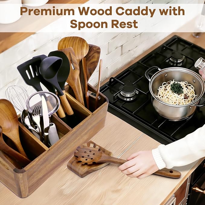 Wooden Kitchen Utensil Holder Countertop, Wooden Cooking Utensil Holder | Wood Kitchen Utensil Organizer 4 Compartments, Countertop Spoon HolderDecor