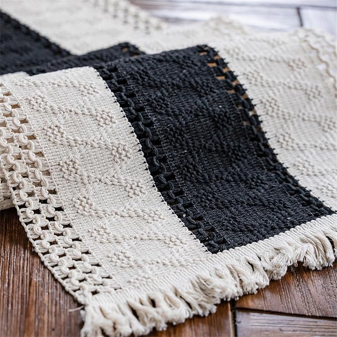 Macrame Table Runner Cream Beige and Black Boho Table Runners with Tassels Hand Woven Cotton Table Runner Rustic Farmhouse Table Runners for Bohemian Kitchen Dining Table(12x48in)