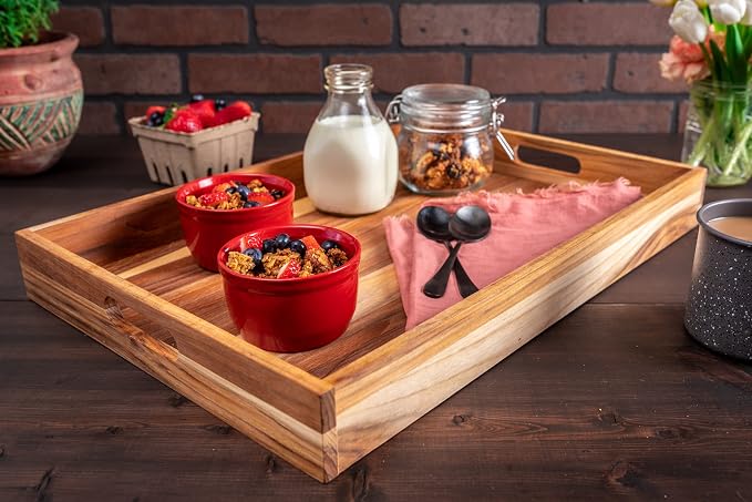 Lipper International Teak Wood Large Serving Tray with Cutout Handles, 20-1/2" x 13-3/4" x 2-2/5"