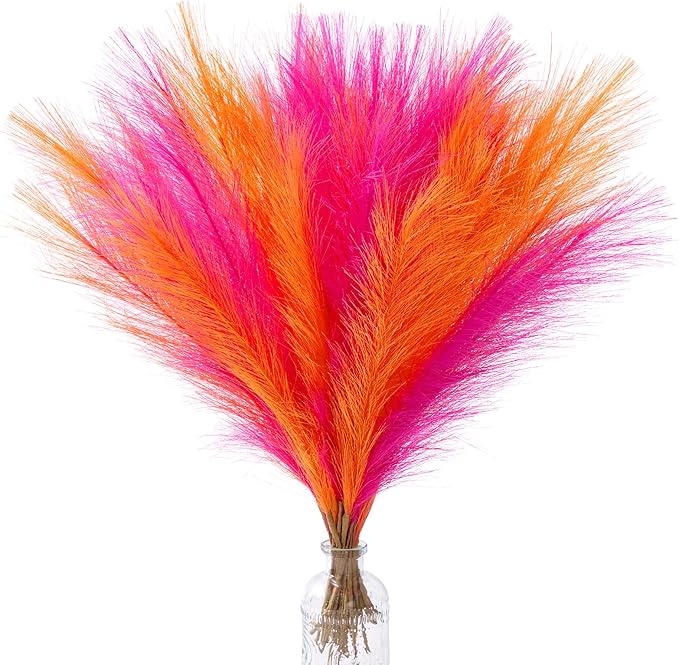 Alecono Pampas Grass 17in 𝟯𝟬𝙋𝙘𝙨, Orange and Hot Pink Artificial Faux Fluffy Pampas Grass Decor for Home Wedding Centerpieces Party