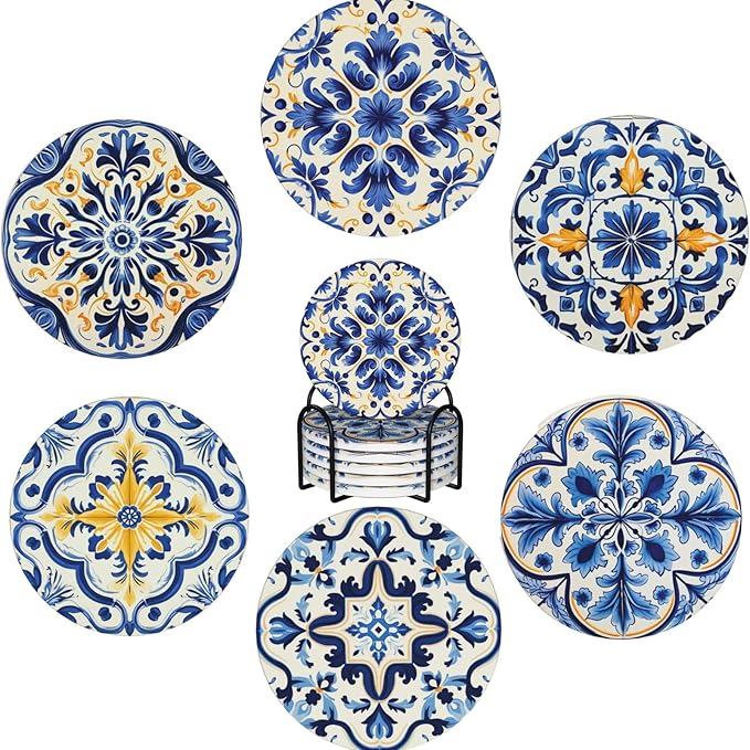 Coaster for Drinks Set of 6, Blue Vintage Spanish Ceramic Floral Absorbent Round Ceramic Stone Mat, with Cork Base and Metal Holder, Gift for Housewarming Room Bar Decor (Azulejo Tile-2)