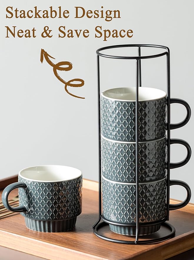 Gomakren Coffee Mugs Set of 4, 13 Ounce Stackable Coffee Mug Set with Stand, Stoneware Coffee Cup with Spoon for Coffee, Milk, Tea, Cocoa, Grey