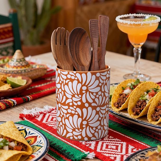 Kathfly Talavera Utensil Holder 6.7" H Large Ceramic Mexican Kitchen Utensil Crock Spatula Spoon Rest Holder Ceramic Mexico Decor for Kitchen Countertop Housewarming Gift