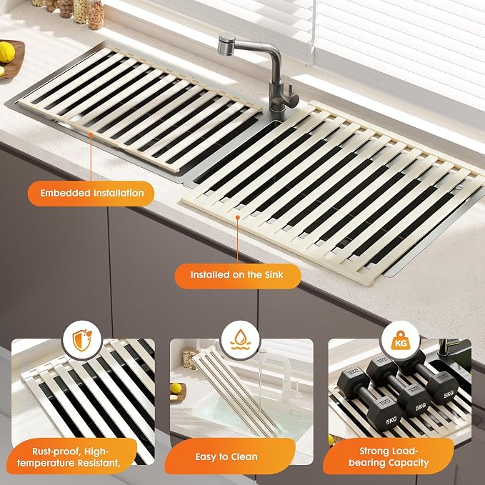 Foldable Over Sink Dish Drying Rack, Extra Wide & Thick Rust-Proof Aluminum Sink Cover for Counter Space, Collapsible Dish Drying Rack Fits Most Kitchen Sinks (White, 13.8“x13.6)