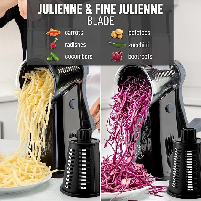 Zulay Kitchen Rotary Cheese Grater 5 Blade Cheese Shredder - Manual Hand Crank Cheese Grater With Reinforced Suction & 5 Interchangeable Drums - Easy to Use, Vegetable Chopper Round Mandoline Slicer
