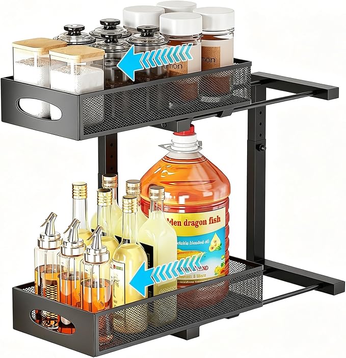 Under Sink Organizer, Pull Out Cabinet Organizer, Black | Rustproof Carbon Steel, 2 Tier Mesh Sliding Drawers, 5-Level Height Adjustable to Bypass Pipes, for Kitchen Bathroom Laundry