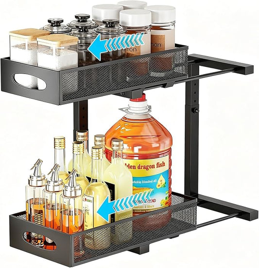 Under Sink Organizer, Pull Out Cabinet Organizer, Black | Rustproof Carbon Steel, 2 Tier Mesh Sliding Drawers, 5-Level Height Adjustable to Bypass Pipes, for Kitchen Bathroom Laundry