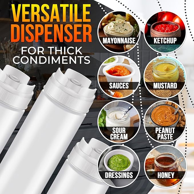 Set of 6 Condiment Squeeze Bottles 16 oz – Easy-to-Fill Clear Sauce Bottle with Self-Closing Valve, Durable & Reusable for Home Cooks, BBQ, Restaurants – Dressings, Ketchup, Mustard, Hot Sauce, Syrup