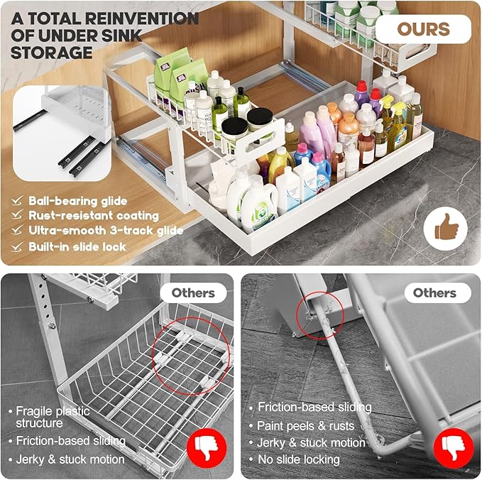 1 Pack-16"-26"W Expandable Under Sink Organizer With Upgrade Ball-Bearing Slide,2-Tier Pull Out Under Cabinet Organizer Height Adjustable,Not Suitable For Cabinets With Partitions In The Middle