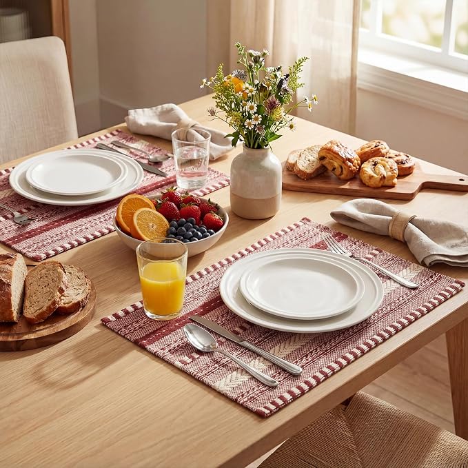 Artoid Mode Red Farmhouse Woven Braided Stripe Placemats Set of 4,12x18 Inch Seasonal Holiday Table Mats Party Kitchen Dining Decoration