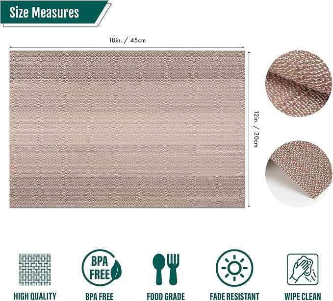Winknowl Placemats Set of 6, Washable Vinyl Woven Placemats, Heat Resistant & Wipeable Table Mats for Kitchen Dining Table (Pink Gold)
