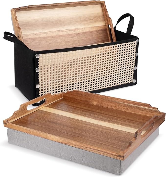 DRELIFAM Lap Desk with Cushion,Wooden Bed Tray Table for Eating,Lap Tray in Recliner,Breakfast Tray,TV Dinner Bed Food Trays (2 Acacia Wood A with 1 Basket)