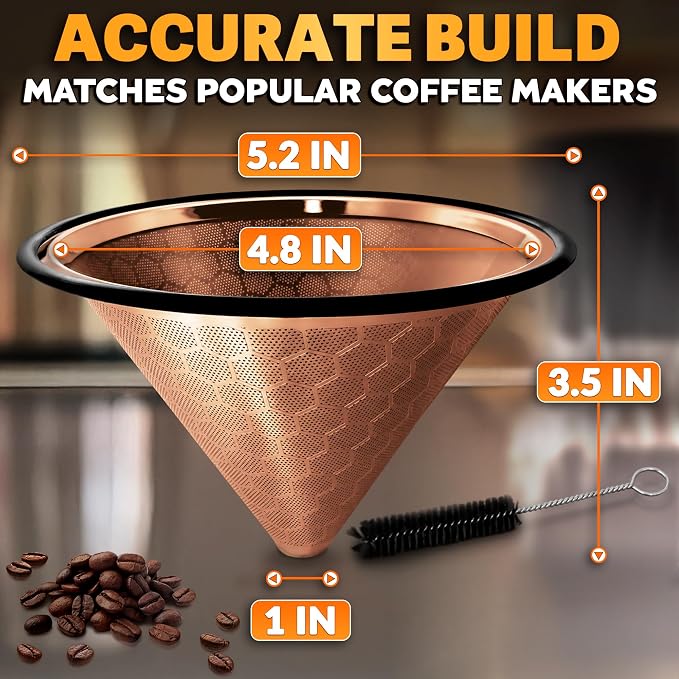 Pour Over Coffee Filter Reusable Stainless Steel - 800 Mesh Copper Cone with Black Ring for Clean, Sediment-Free Brew, Compatible with Hario V60 & Chemex, Paperless Coffee Dripper with Cleaning Brush