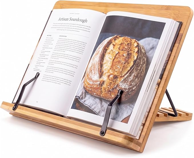 Bamboo Cookbook Stand Large, Adjustable Book Holder Tray and Page Paper Clips - Natural Color Large - 4-Position Recipe Book Stand Holds Thick Books for Kitchen Counter, Reading, Studying - Foldable