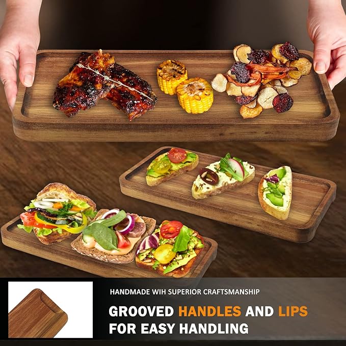GNIEMCKIN Wooden Serving Platter, 13.8 x 5.1 Inch, Set of 4, Acacia Wood Tray, Perfect for Serving Charcuterie, Desserts, Dips, Sushi, Parties, Family Gatherings, Weddings, and Home Decor