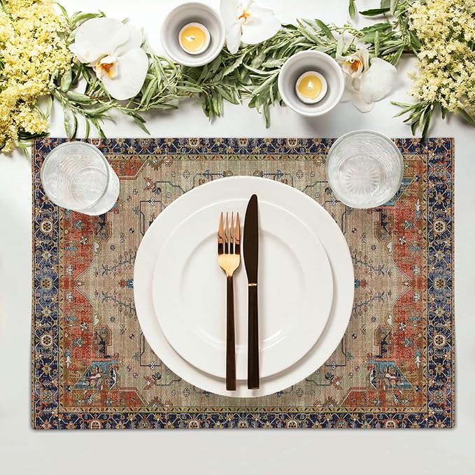 Aztec Terracotta Boho Placemats Set of 4 Vintage Rust Retro Carpet Linen Washable Kitchen Dining Table Mats Stain Heat-Resistant Desktop Decor Place Mats for Home Party Indoor 12x18 in