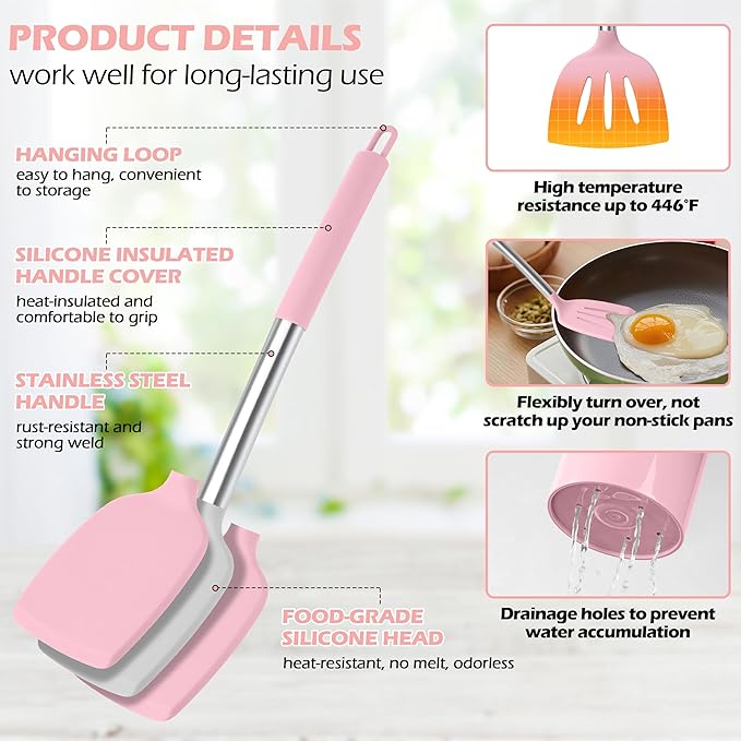 HaWare 29 PCS Silicone Cooking Utensils Set, Heat Resistant Kitchen Utensils Set with Stainless Steel Handle, Spatula Sets with Holder and Hooks, Kitchen Tools Gadgets for Nonstick Cookware -Pink