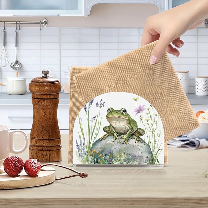 Fustylead Rustic Frog with Lavender and Pink Floral Napkin Holder for Table Acrylic Cocktail Napkin Holders Small Decorative Napkin Dispenser for Home Party Holiday Dining Kitchen Accessories, 2 PC