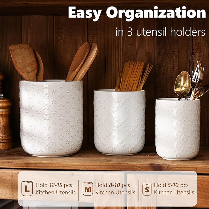Kitchen Utensil Holder, Farmhouse Embossed Cooking Utensils Holder, White Ceramic Utensil Crock for Countertop, Large Utensil Organizer for Spatula, Spoon, Fork, Chopsticks, Set of 3