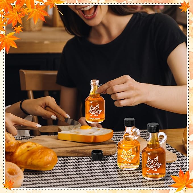 Havawish 24 Pcs 3.4 oz Glass Maple Syrup Bottles Mini Syrup Container with Loop Handle and Plastic Lids, Small Empty Jars for Oil Storage Gift