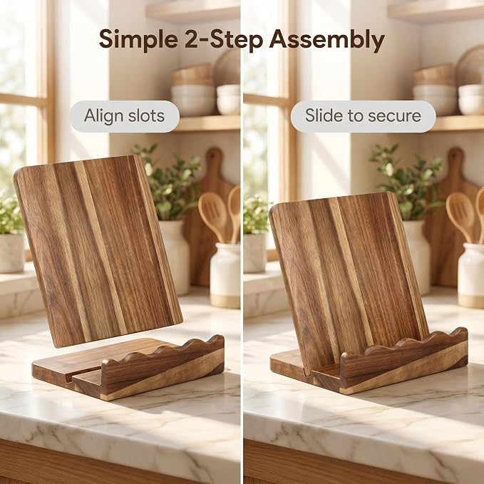 Scalloped Acacia Wood Cookbook Stand, 2-in-1 Holder & Serving Tray | Material: Acacia Wood , Food-Safe | Design: Scalloped Edge, Folds Flat to 1.5" |cookbook stand for kitchen counter