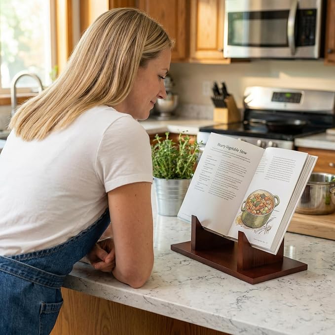 Wooden Cookbook Stand,Multifunctional Kitchen Book Stand,Cookbook Holder for Kitchen Counter Decor,Recipe Book Stand, Rustic Recipe Book Holder Stand