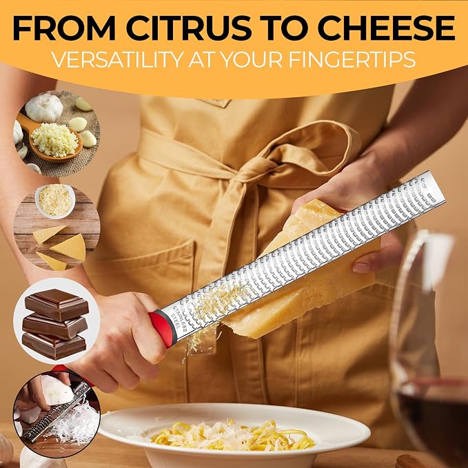 Orblue Lemon Zester & Cheese Grater - Premium Citrus Zester, Kitchen Grater for Parmesan, Chocolate, Fruits, Vegetables, Ginger, Garlic, Nutmeg - Stainless Steel Blades with Protective Cover, Red