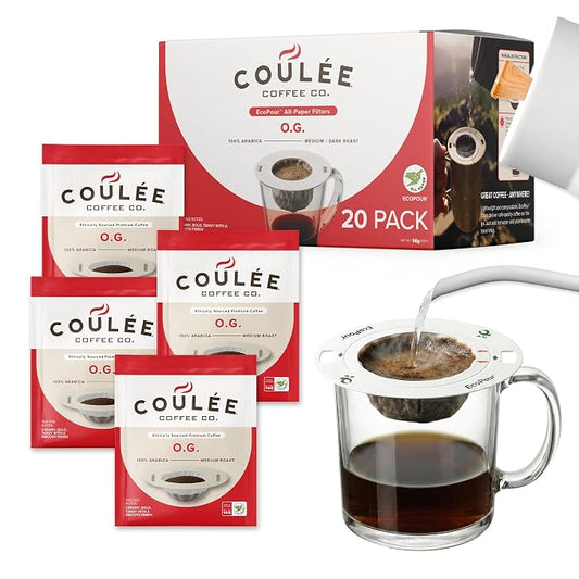 EcoPour O.G. Coffee, Single Serve Pour Over Colombian Coffee, Medium Roast, Use for Camping or Traveling, Pre Filled Compostable, All Paper Filters, Ready to Brew with Hot Water, 20 Pack