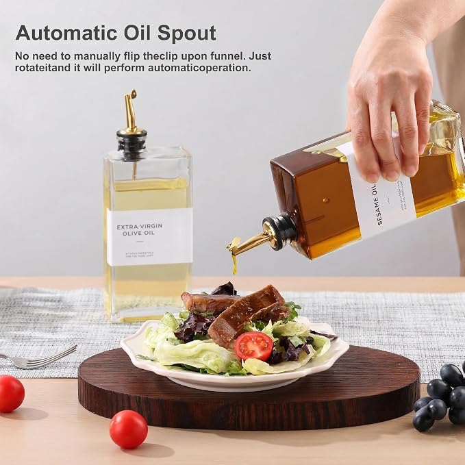 Olive Oil Dispenser Bottle for Kitchen, 3 Pack Glass Oil and Vinegar Dispenser Set, Elegant Design, Durable, Leak-Proof, Easy-Pour Spouts, Perfect for Kitchen, Dining Table, 17oz Golden