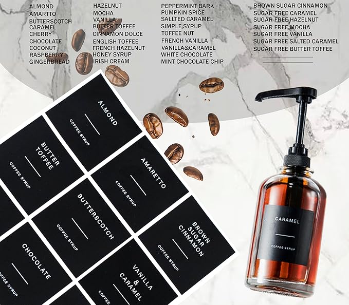 Coffee Syrup Dispenser for Coffee Bar, Glass Syrup Bottle with 1/4 oz Large Capacity Pump, Syrup Pump Dispenser with Pump for Coffee Station, Black,16.9oz, Set of 4