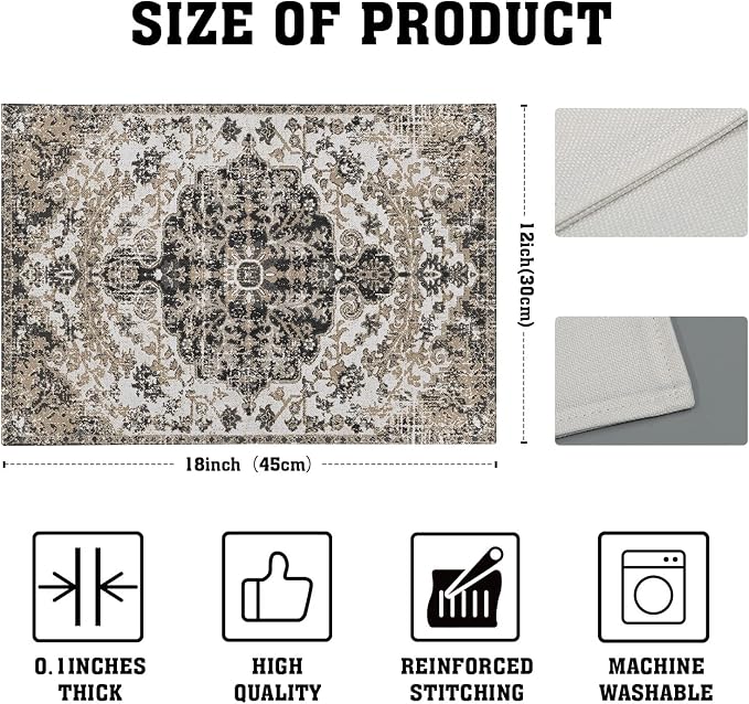 Ethnic Boho Placemats Set of 4 Bohemian Carpet Vintage Gray Floral Linen Washable Kitchen Dining Southwestern Table Mats Stain Heat-Resistant Desktop Decor Place Mats for Home Party Indoor 12x18 in