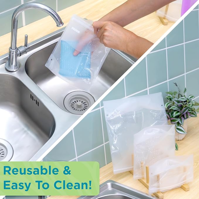 Home Logic Reusable Bag Combo Pack – 24 Leak Proof Food Storage Bags for Snacks & More – 8 Gallon Bags, 8 Sandwich Bags & 8 Snack Bags
