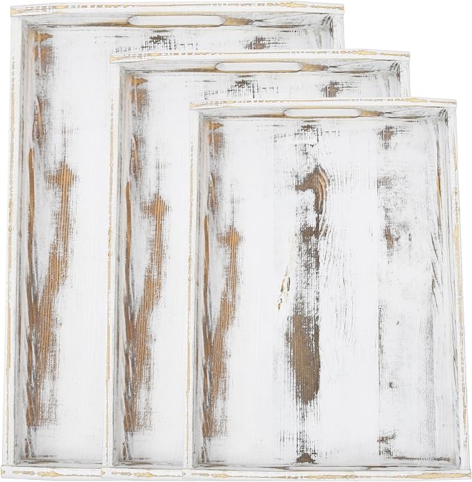 Owlgift Rustic White Wood Serving Trays with Brass Metal Wrap Accents, Set of 3