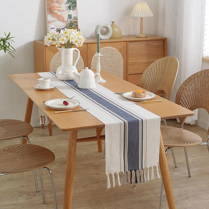 Niviy Blue Table Runner 48 Inches Long with Tassels, Seasonal Summer Washable Embroidered Striped Braided Blue and White Boho Table Runners for Holiday Party 12 x 48 Inches