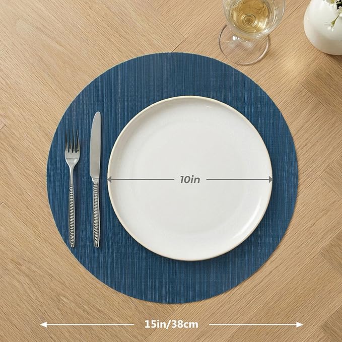 AHHFSMEI Round Placemats Set of 6 Woven Vinyl Non-Slip Heat Resistant Stain Resistant Easy Clean Place mats for Dining Table(Blue)