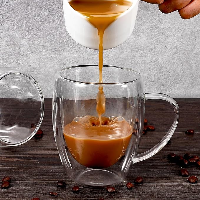 Clear Glass Double Wall Insulated Round Coffee Mugs Set of 6 Pieces - Medium Size 12oz Best Reusable Coffee Mug for Home Cafe Restaurant Perfect for Espresso Capucinno Lungo Latte Coffee